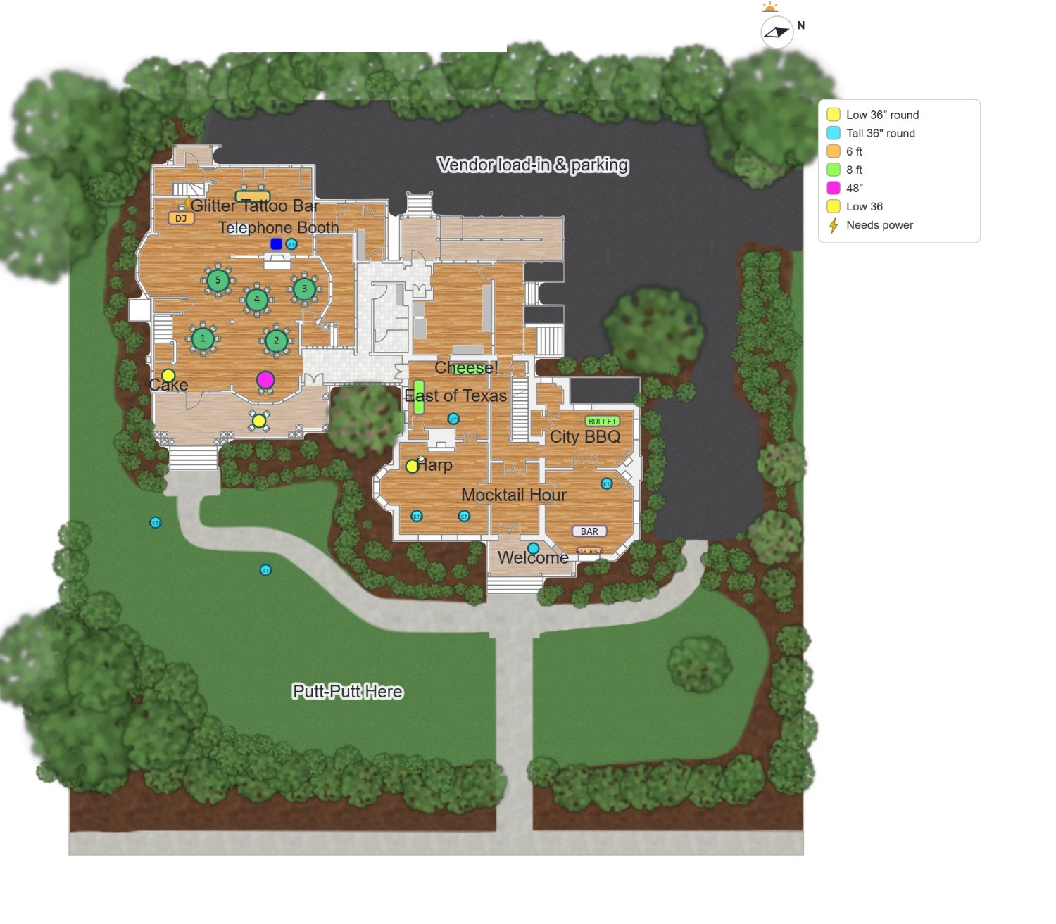 A Terralynne plan of a house and its grounds: rooms filled with wood floors, a cocktail hour laid out, lawn, paths, mulch beds and trees outside, and a compass with the sunset side marked.